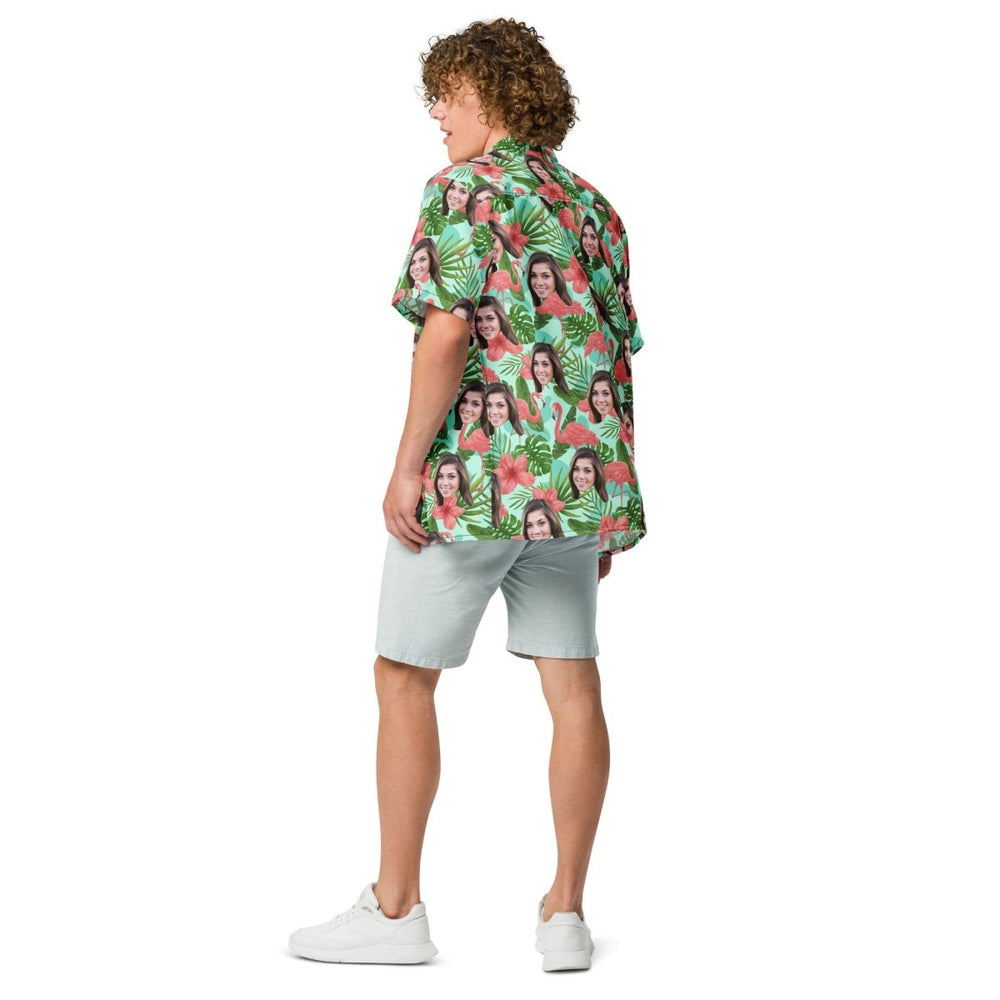 Custom Face Hawaiian Shirt Flamingos Flowers Leaves All Over Print