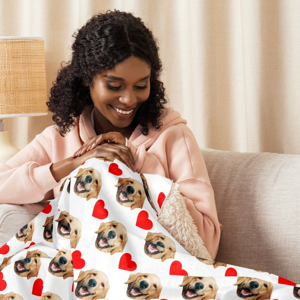 Custom Dog Face Blanket With Hearts