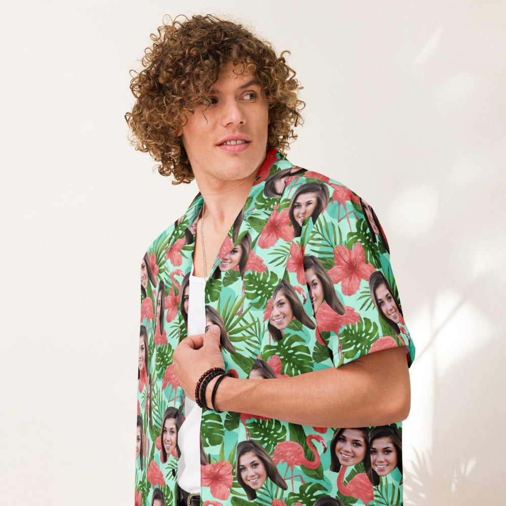 Custom Face Hawaiian Shirt Flamingos Flowers Leaves All Over Print