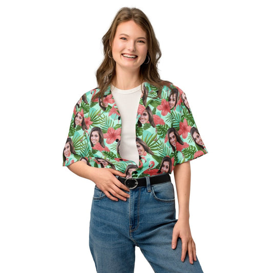 Custom Face Hawaiian Shirt Flamingos Flowers Leaves All Over Print