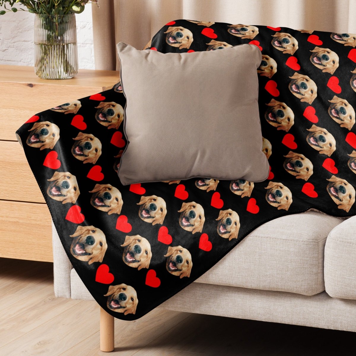 Custom Dog Face Blanket With Hearts