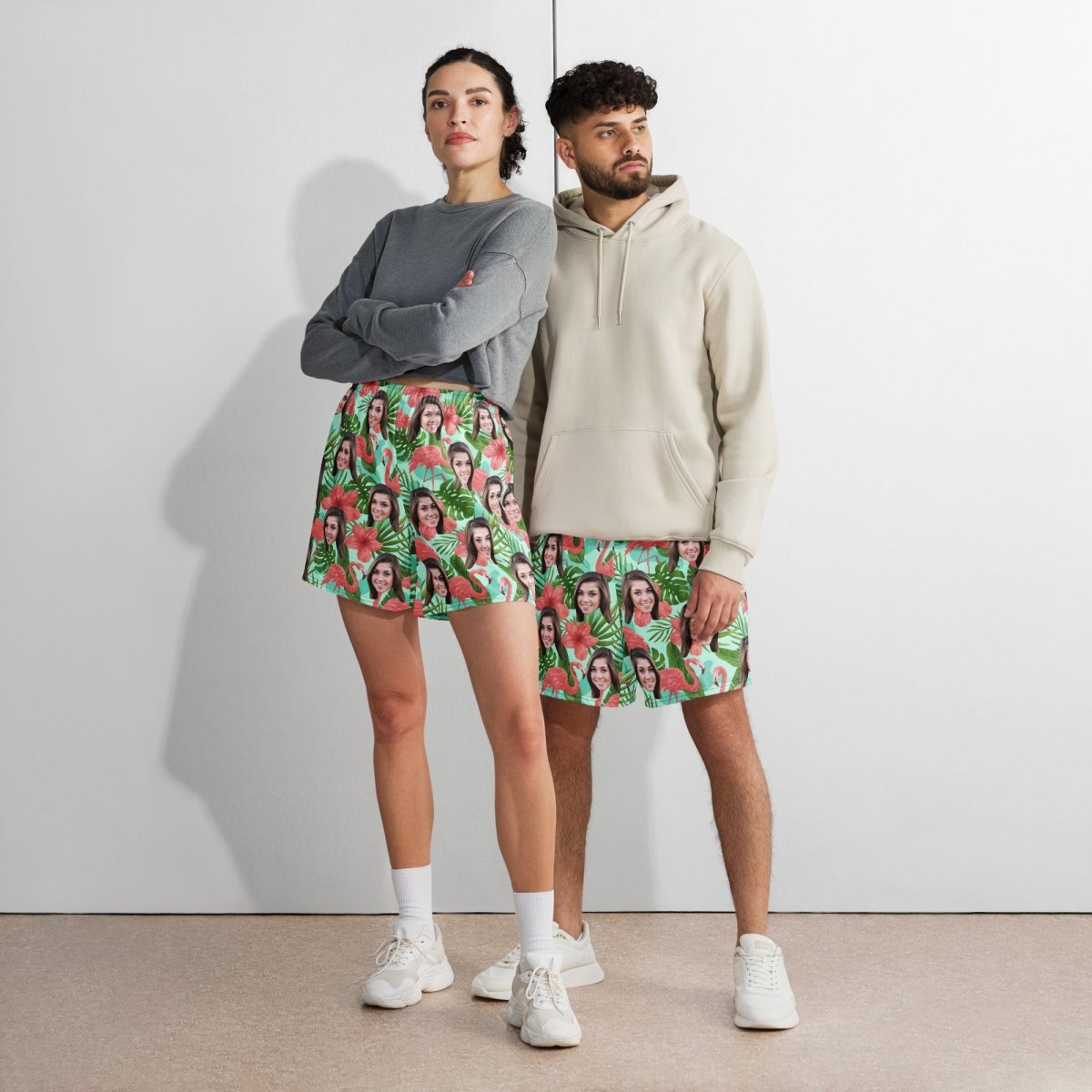 Custom Face Hawaiian Shorts Flamingos Flowers Leaves All Over Print