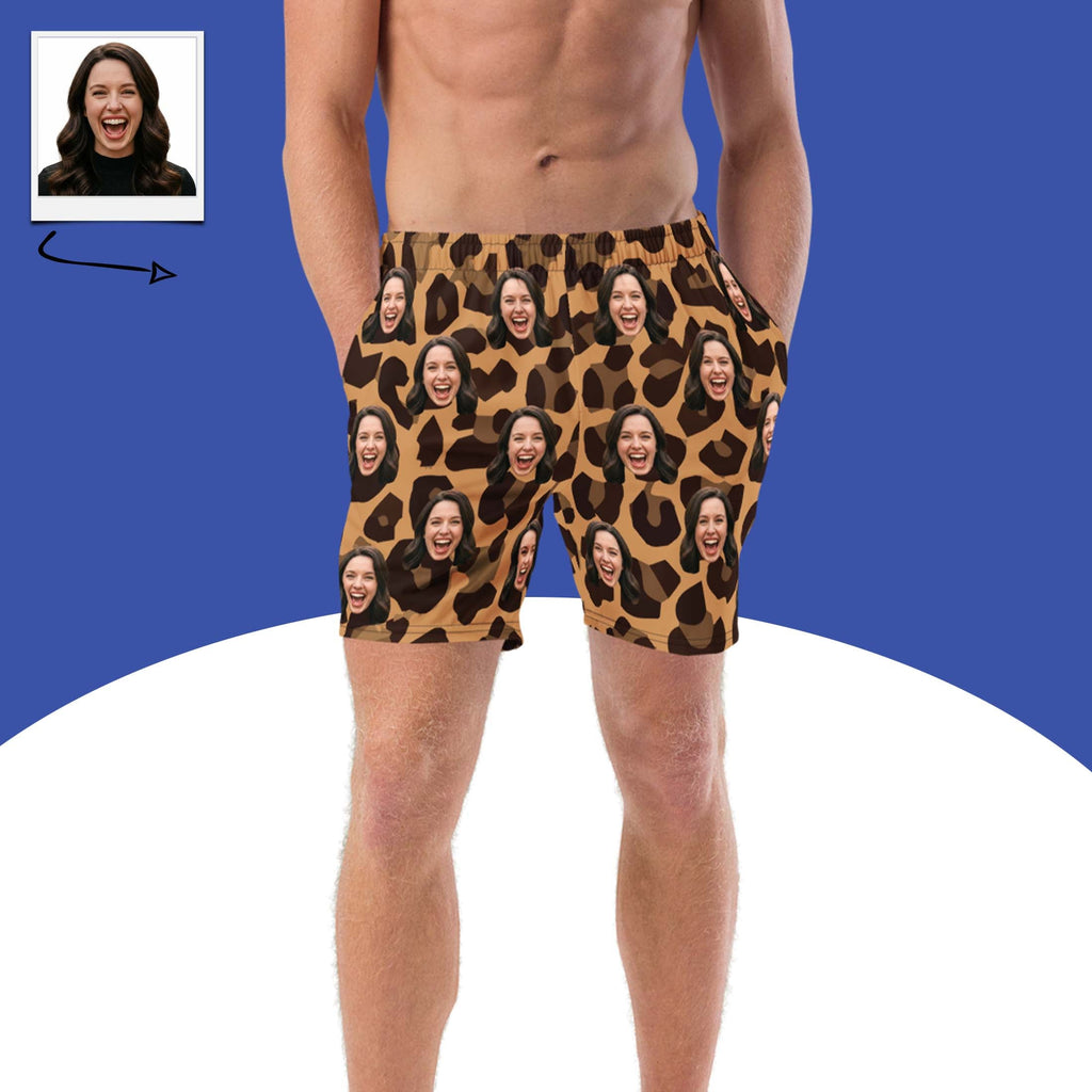 Custom Face Leopard Print Swim Trunks