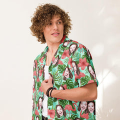 Custom Hawaiian Shirt Flamingo Flowers And Leaves All Over Print Faces Shirt
