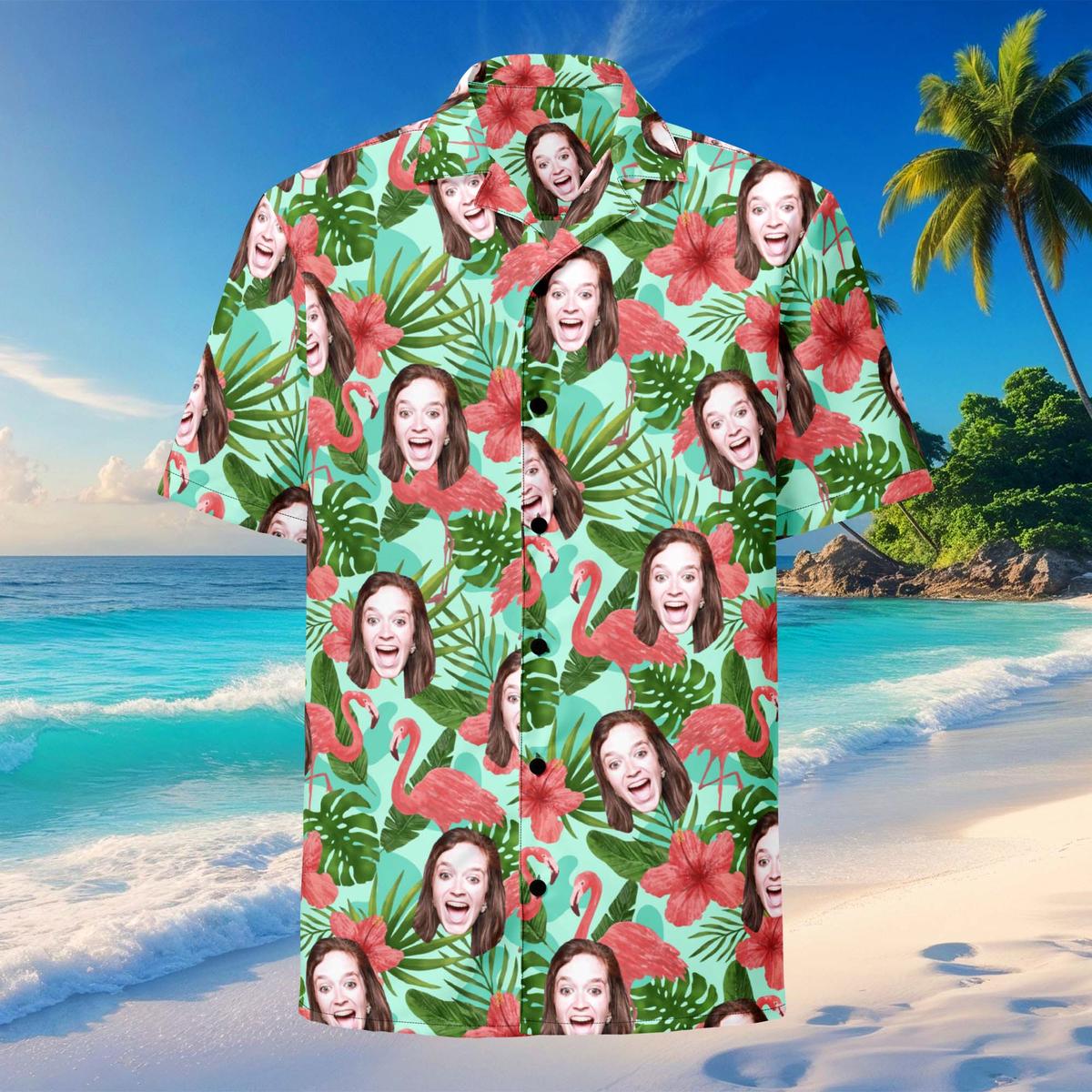 Custom Hawaiian Shirt Flamingo Flowers And Leaves All Over Print Faces Shirt