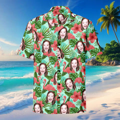Custom Hawaiian Shirt Flamingo Flowers And Leaves All Over Print Faces Shirt