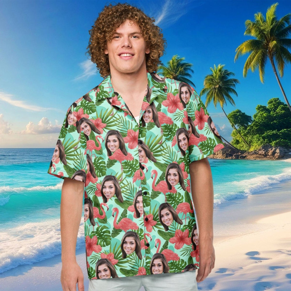 Custom Face Hawaiian Shirt Flamingos Flowers Leaves All Over Print