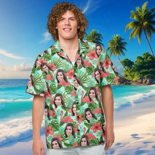 Custom Face Hawaiian Shirt Flamingos Flowers Leaves All Over Print