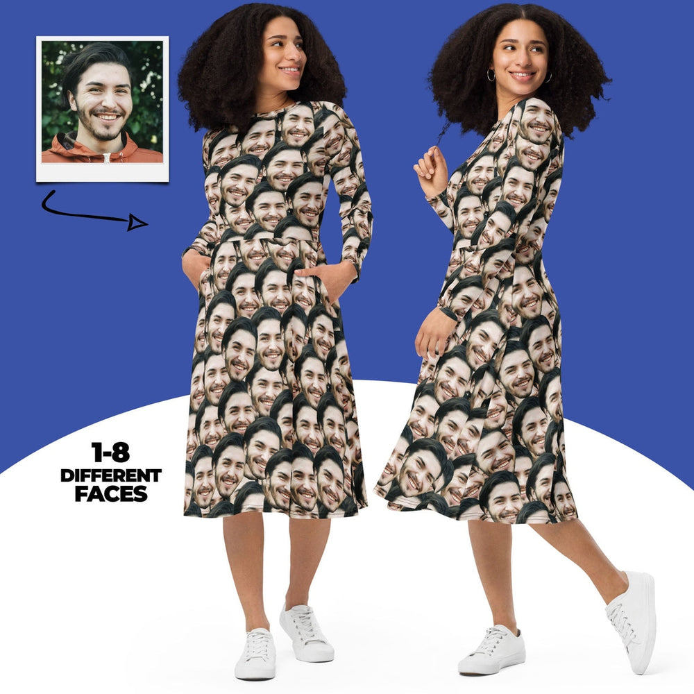 Personalized Faces Long Sleeve Midi Dress
